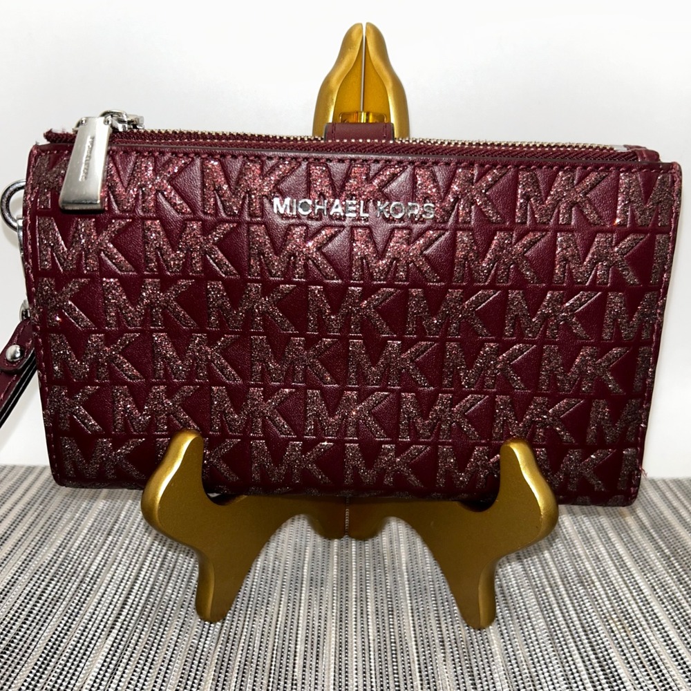 Michael Kors Burgundy Glitter MK Monogram Smartphone Wristlet Wallet Silver Tone